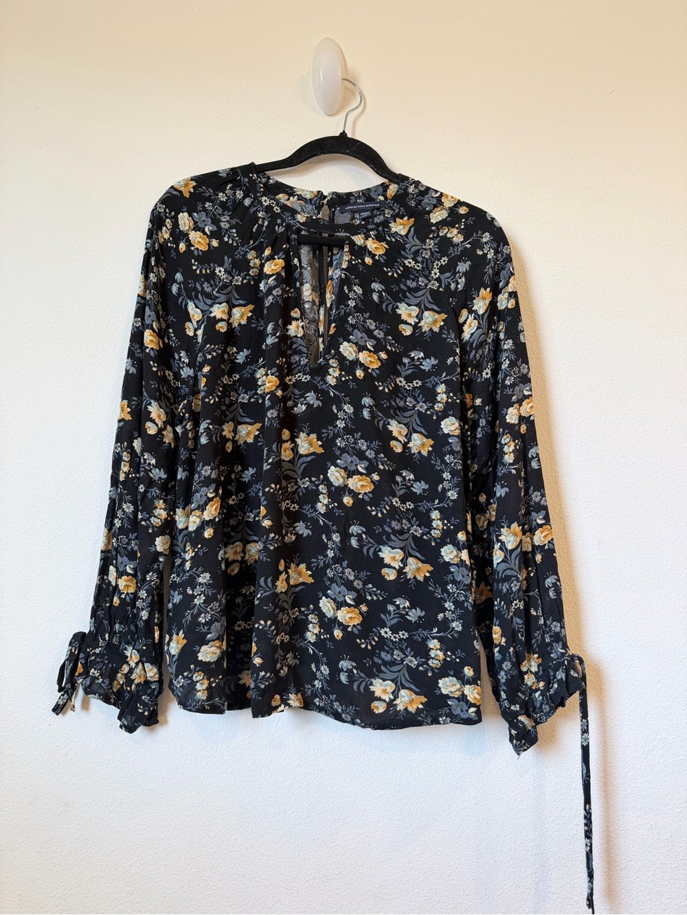American Eagle Outfitters Black Floral Tie-Neck Blouse with Mustard Accents